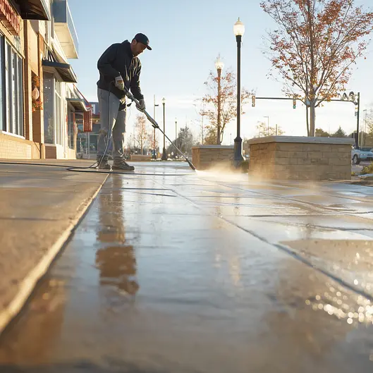 AB Pressure Solutions crew member on site with a pressure washer rig in Indianapolis