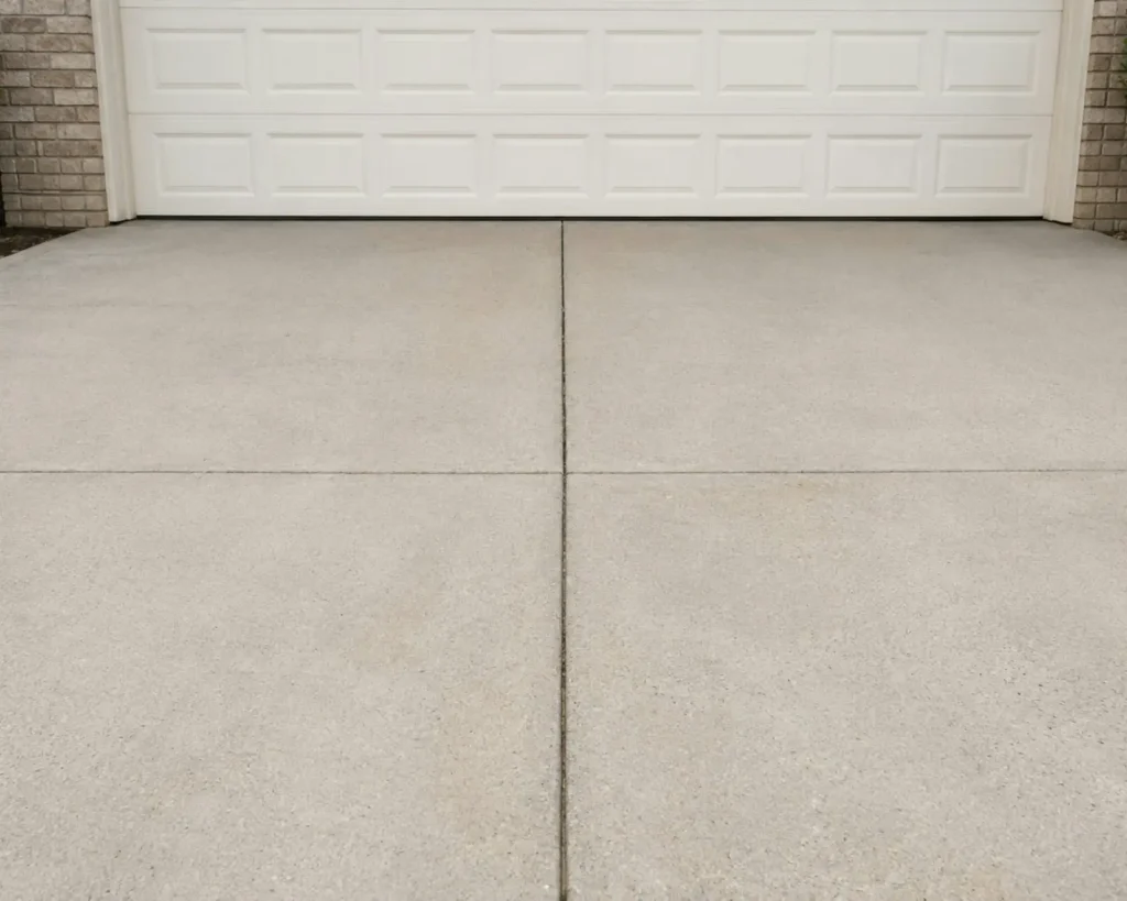 A clean concrete driveway in front of a white garage door after concrete cleaning
