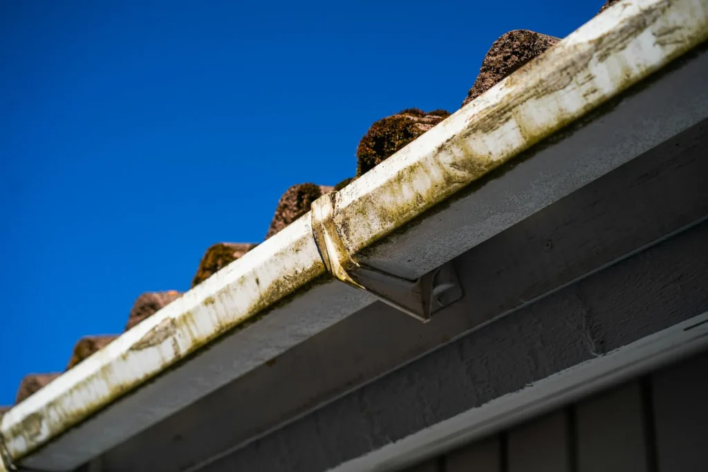 Debris-filled gutters along a roofline against a blue sky before gutter cleaning