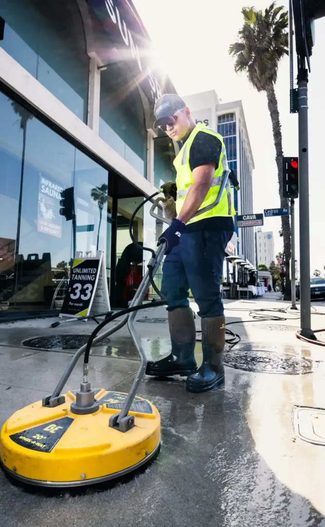 Crew pressure washing a commercial parking area in Indianapolis