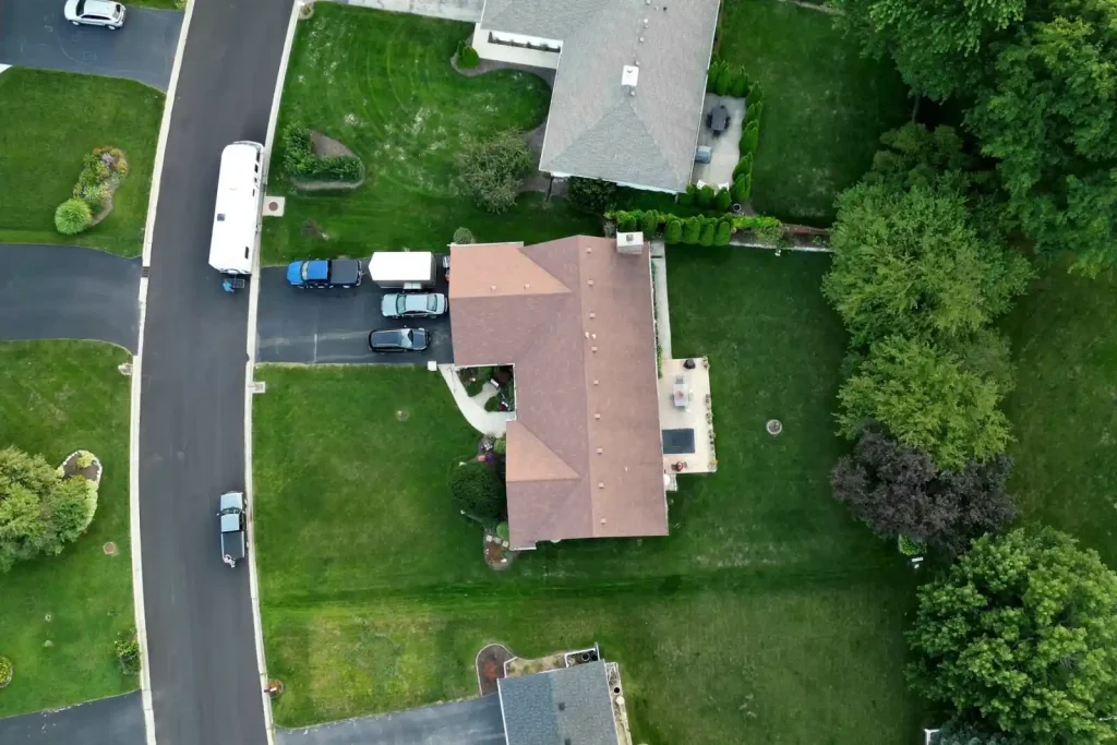 Aerial view of a suburban neighbourhood with driveways