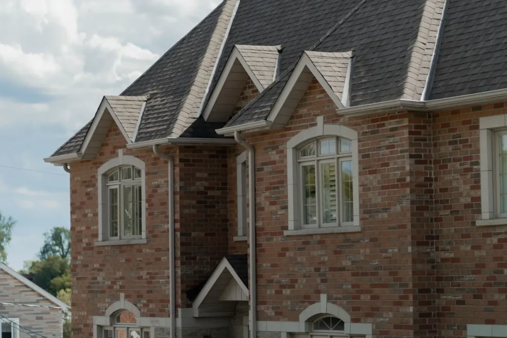 Brick house with a gable roof surrounded by greenery