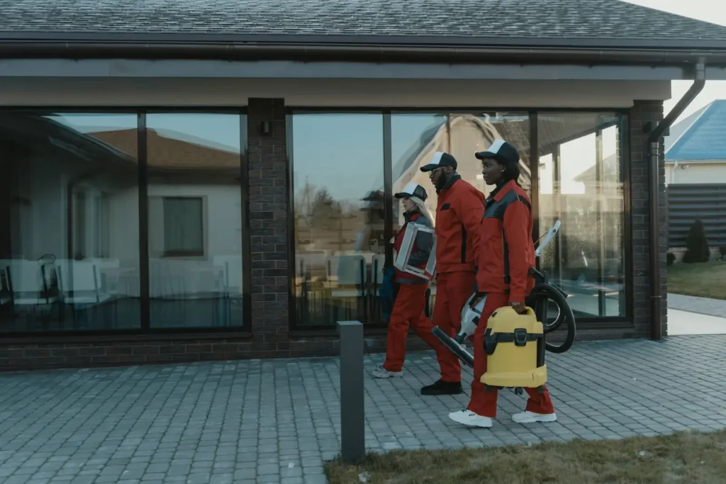 Cleaning team approaching a glass fronted home