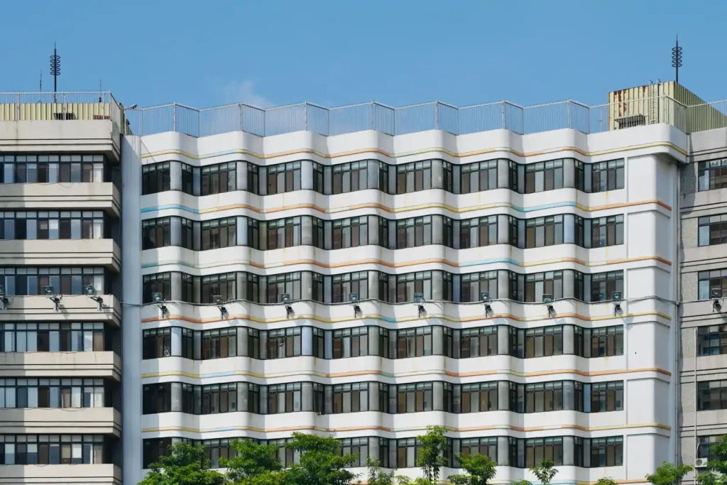 Contemporary building facade with geometric detail