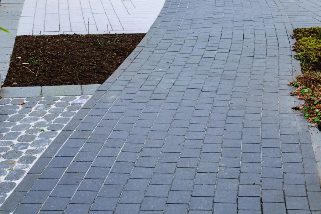 Curved brick pathway in a garden