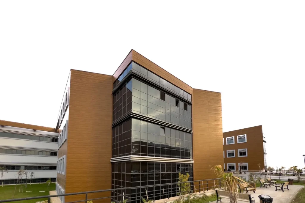 Office building exterior with a glass facade