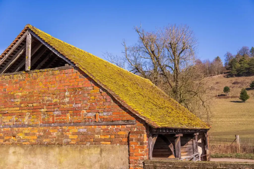 Old brick barn with a moss covered roof