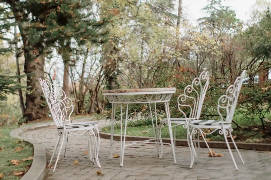 Outdoor patio with white furniture