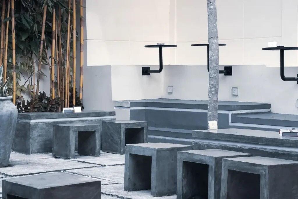 Outdoor seating area with concrete benches