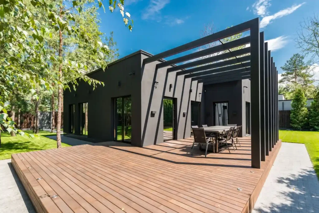Outdoor wooden deck with dining set