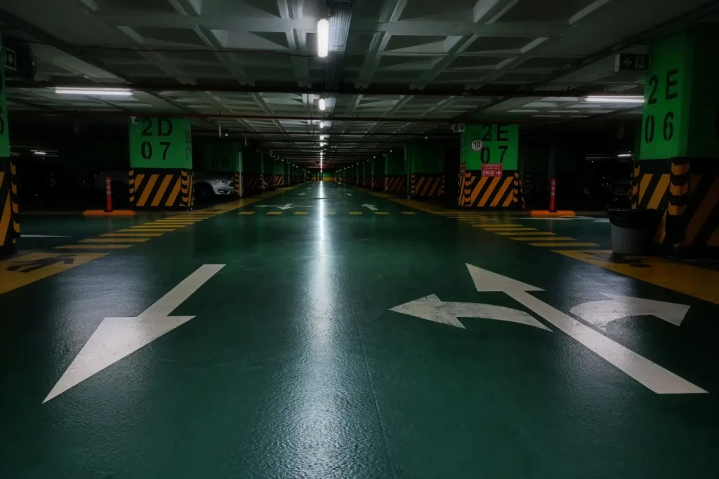 Parking garage floor with painted markings