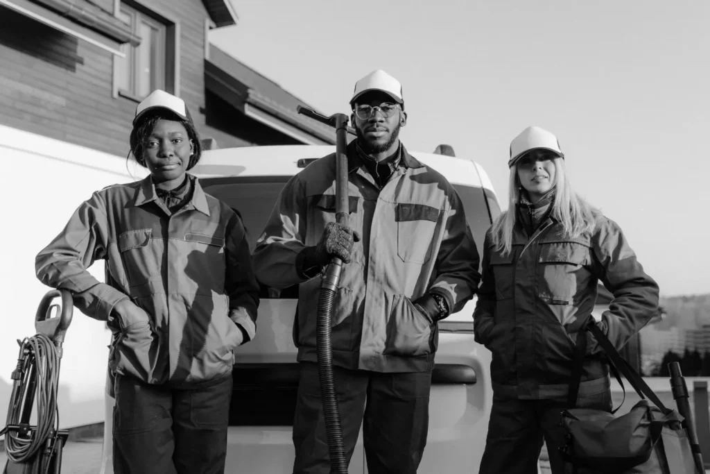 Professional cleaning team with equipment outside a building