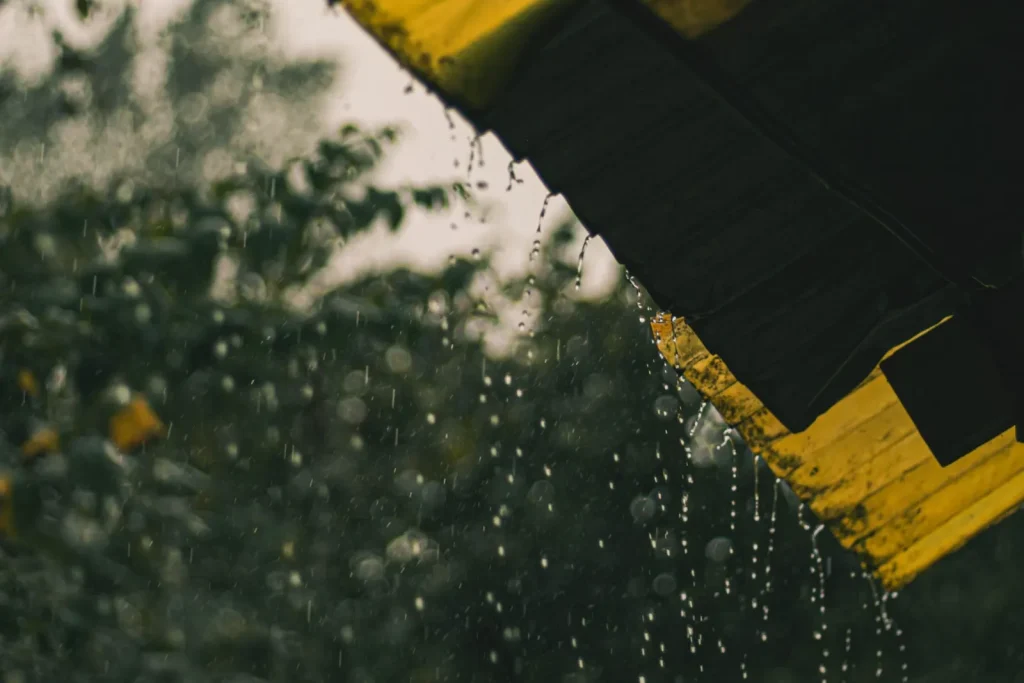 Rainwater dripping from a corrugated roof
