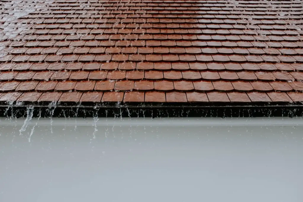 Roof tiles with rainwater cascading down