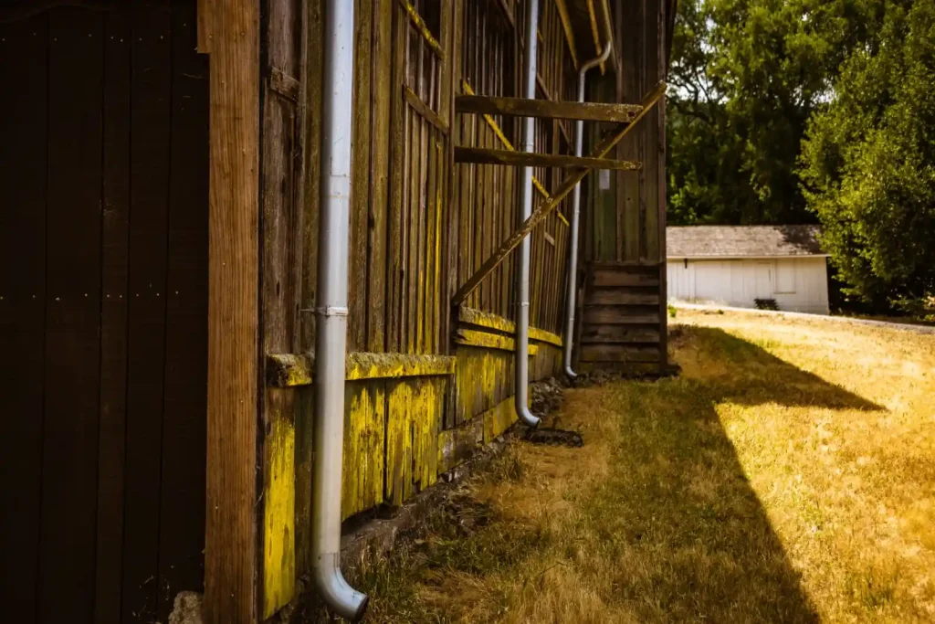 Rural building with rain gutters