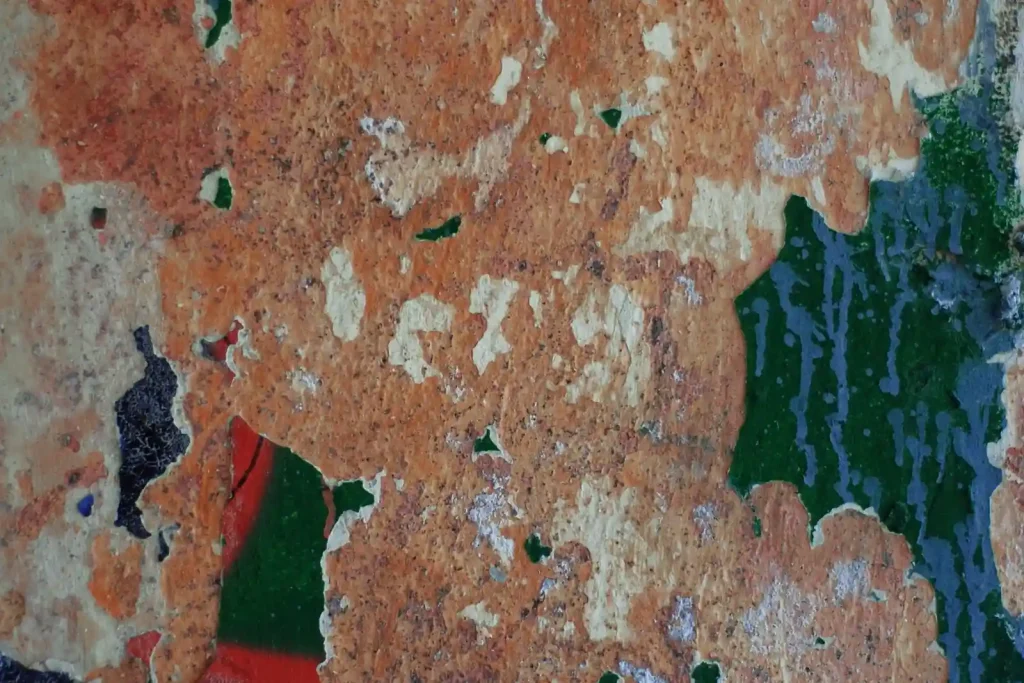 Rusty corroded wall with peeling paint