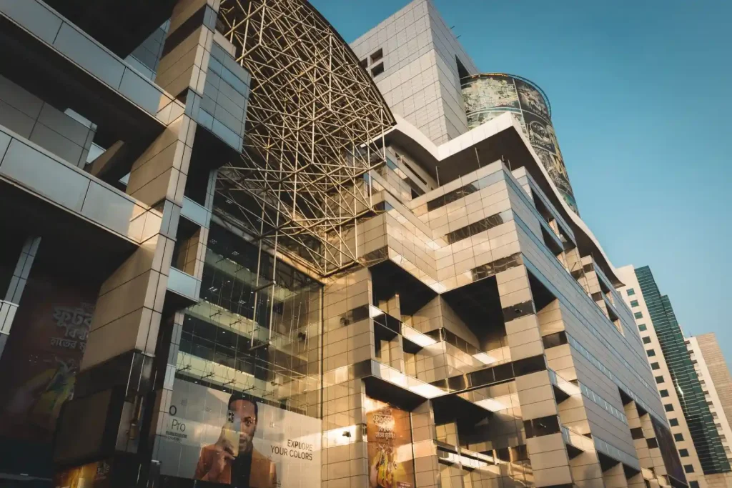 Shopping mall with a reflective facade