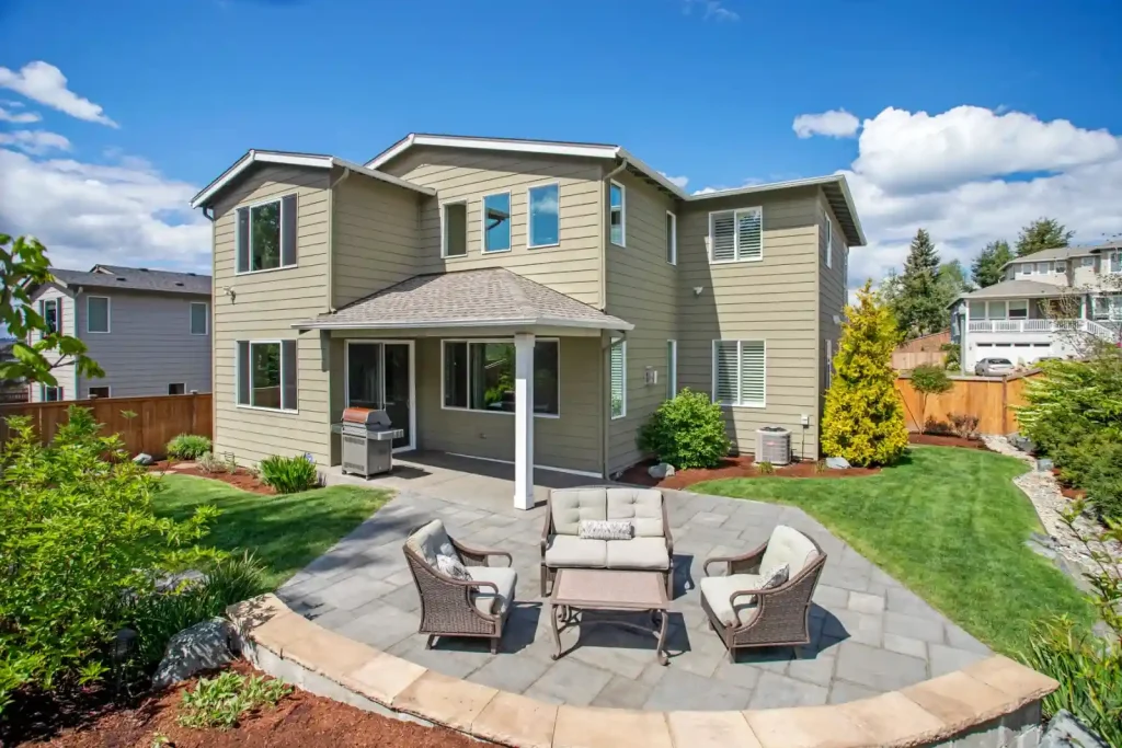Suburban backyard with patio seating