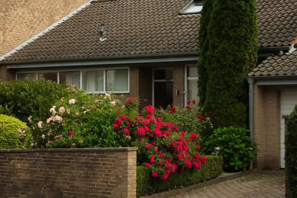 Suburban brick house with garden and driveway