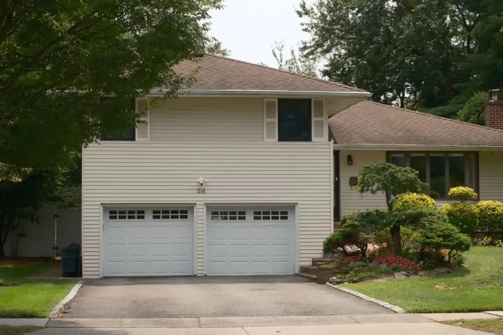 Suburban house with a double garage and garden