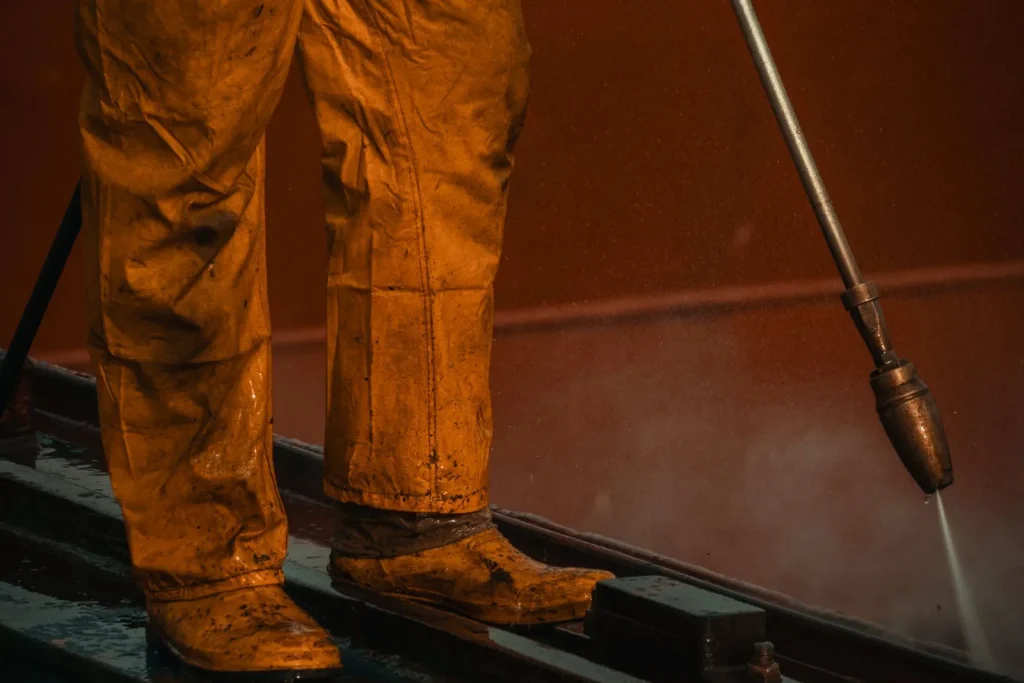 Technician in safety gear operating a pressure washer