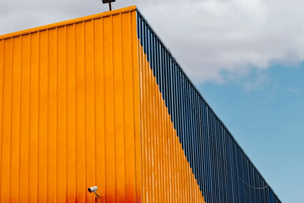 Warehouse facade with geometric panels
