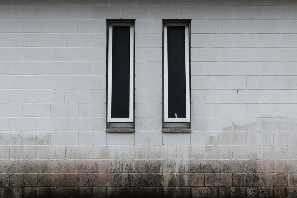 Weathered concrete wall with narrow windows