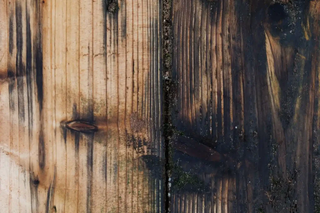 Weathered wooden planks with moss