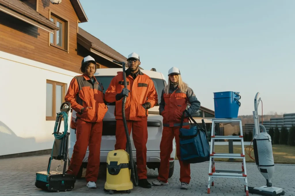 Workers in protective gear beside exterior cleaning equipment